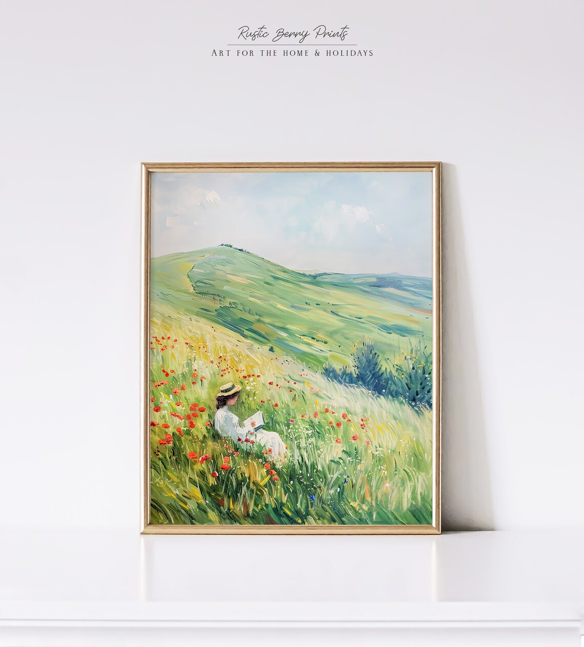 Woman Reading Among Red Poppies Green Hillside Vintage Art Poster - Image 2