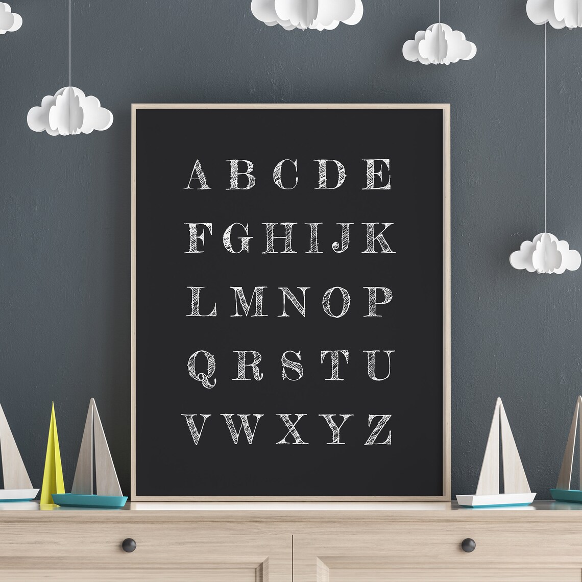 ABC Alphabet Chalkboard Sketch Letters Nursery Kids Room Poster