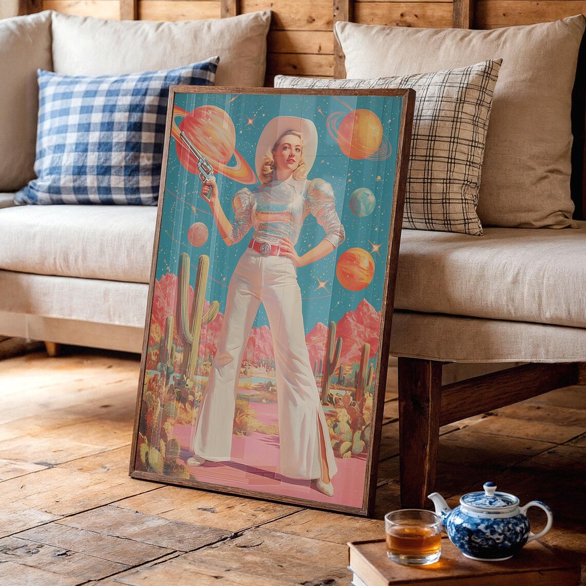 Cosmic Cowgirl With Revolver, Planet Art Print