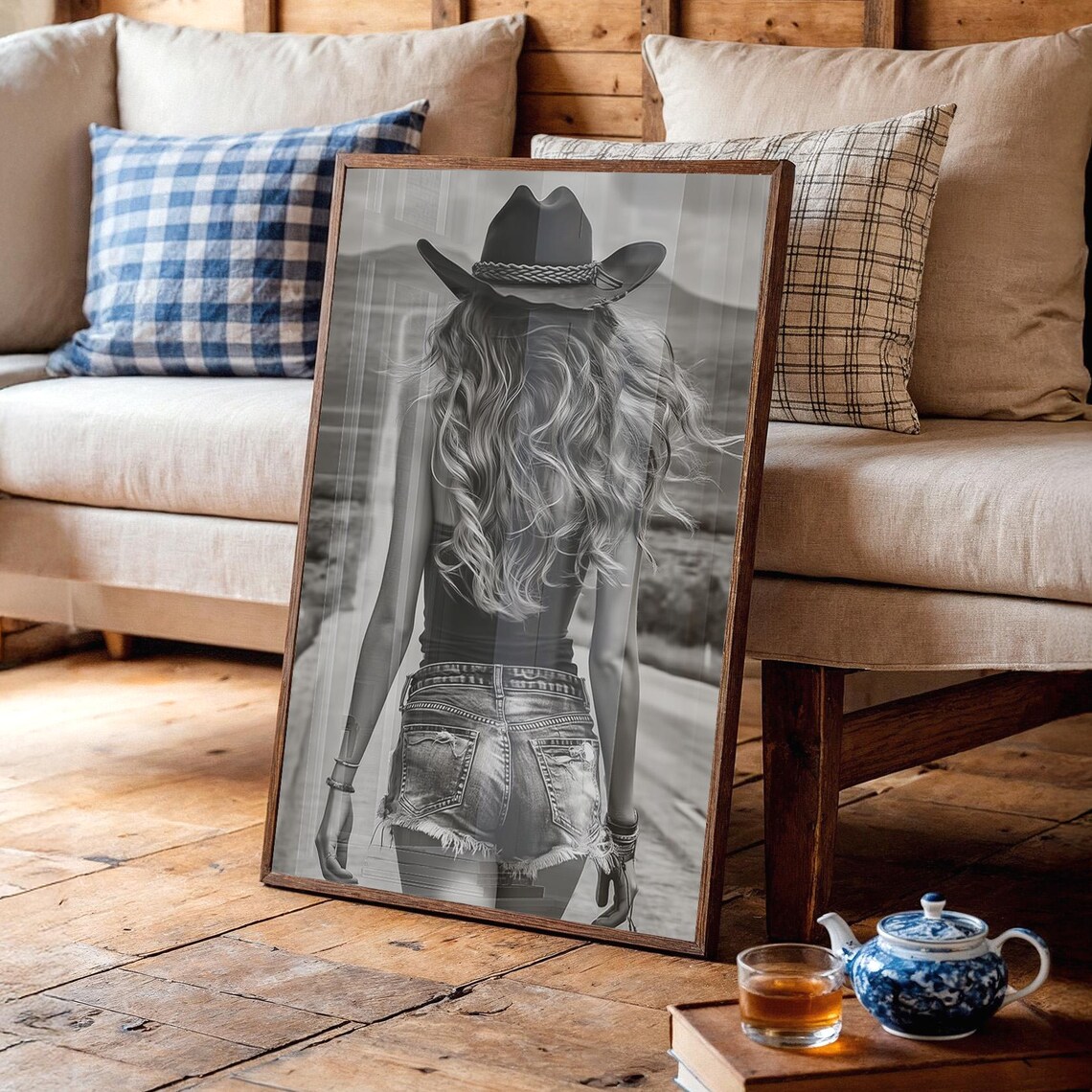 Cowgirl Walking Open Road Black and White Western Photography Poster