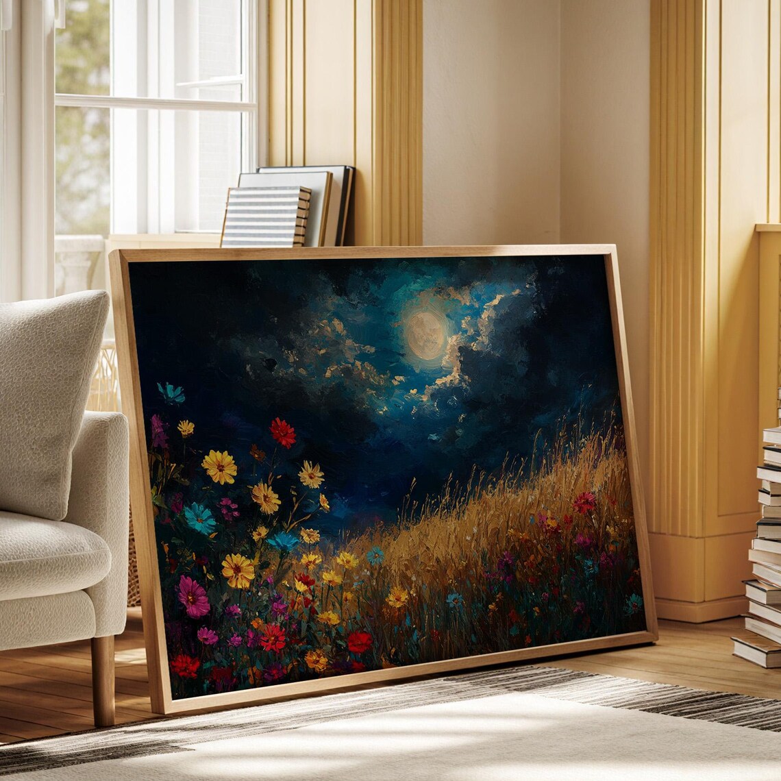 Moonlit Wildflower Meadow Night Sky Full Moon Colorful Oil Poster