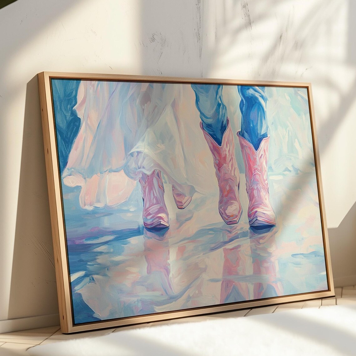 Happy Couple In Pink Cowboy Boots Romantic Western Art Poster