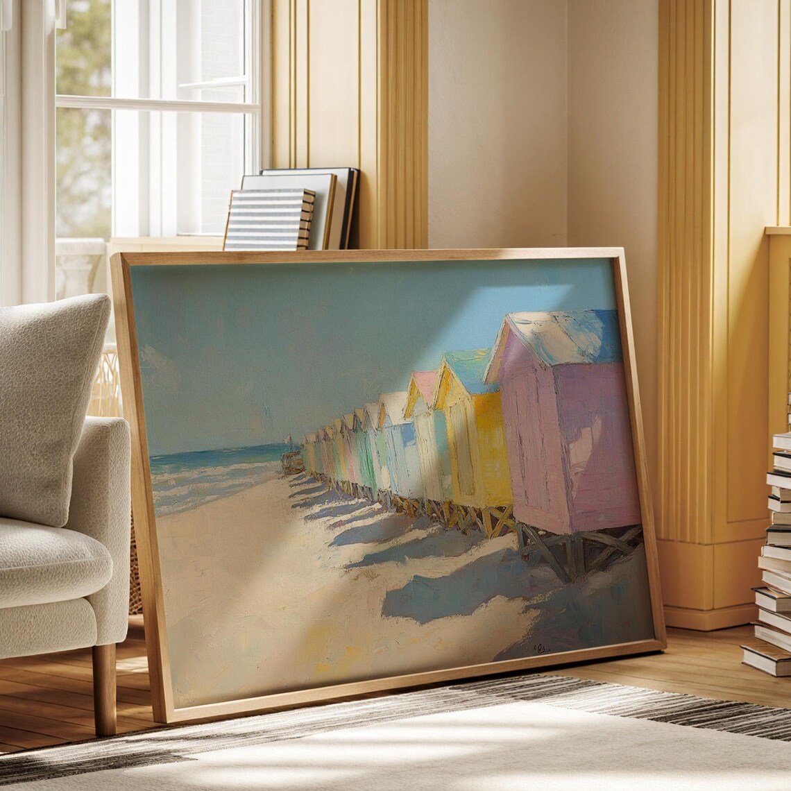 Pastel Beach Huts Shoreline Colorful Coastal Oil Painting Poster