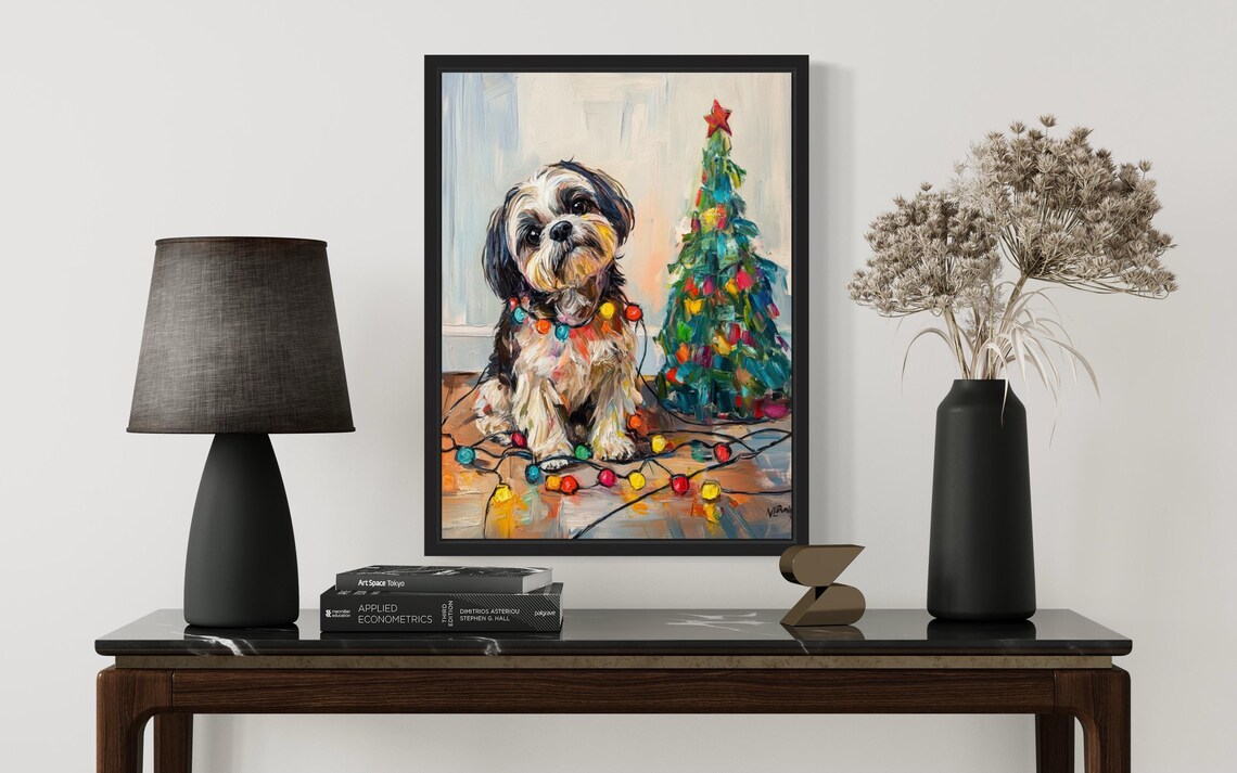 Shih Tzu Puppy Wrapped in Colorful Christmas Lights Holiday Poster - Image 3