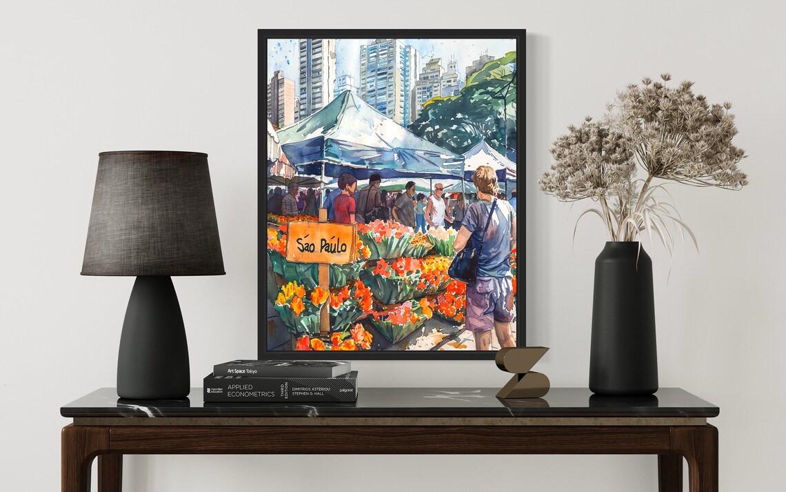 Sao Paulo Flower Market Watercolor Poster Bustling City Stalls - Image 2