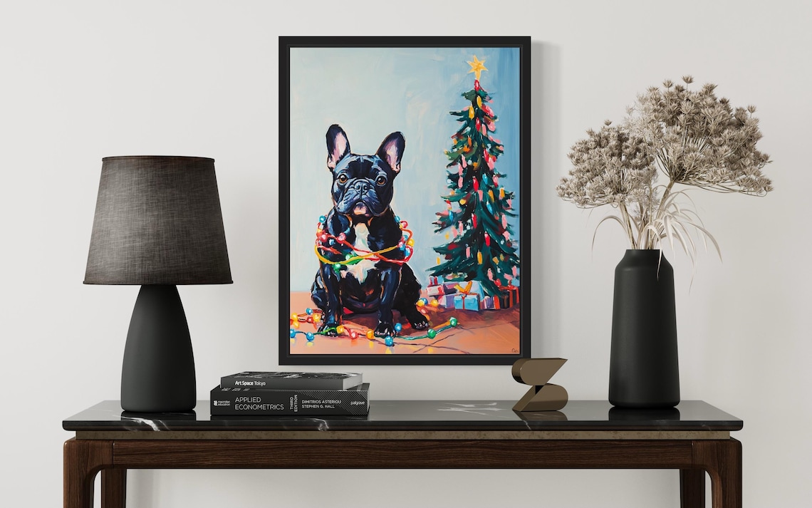 French Bulldog Wrapped in Bright Christmas Lights Holiday Poster - Image 3