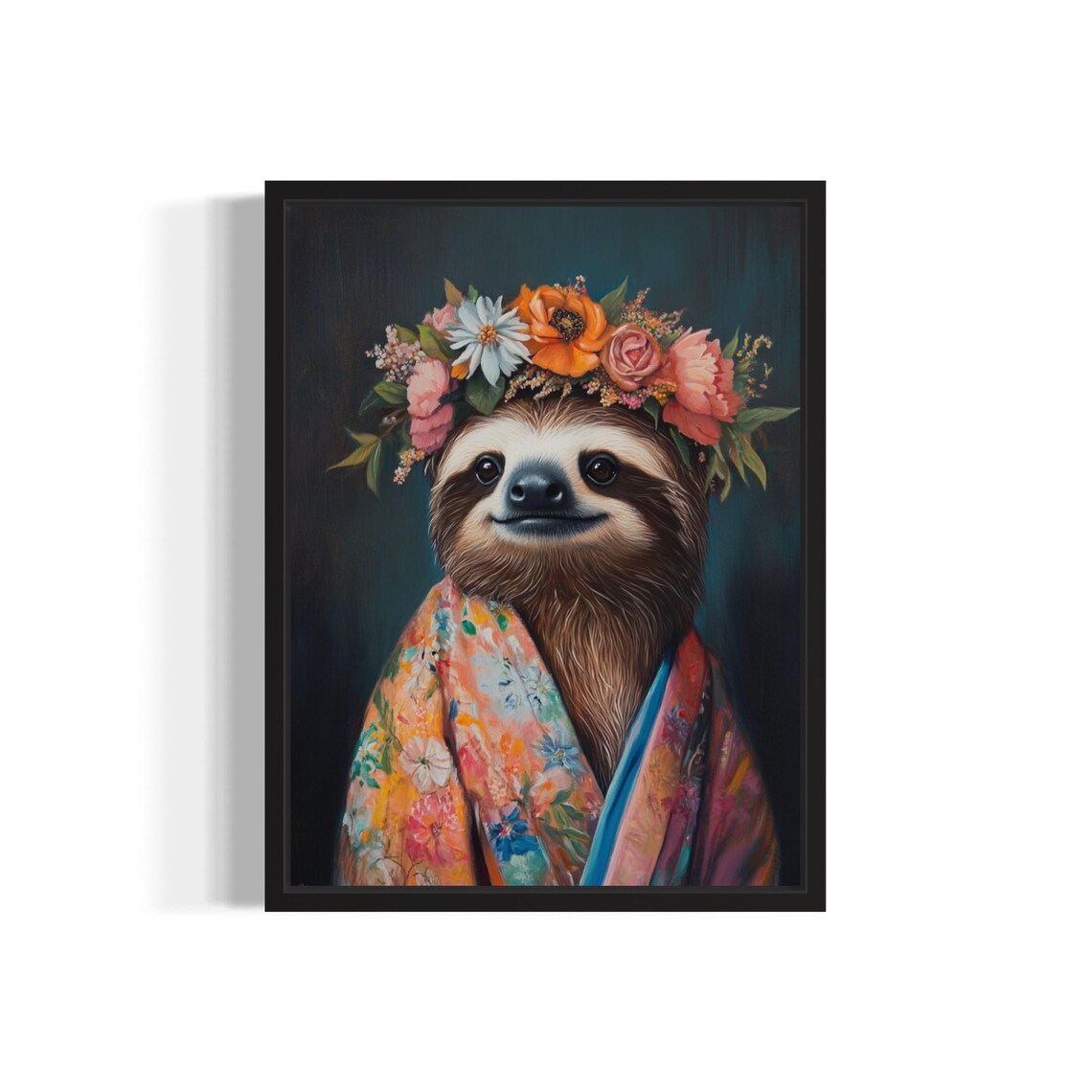 Sloth Poster Art Print, Animal Flowers in Kimono