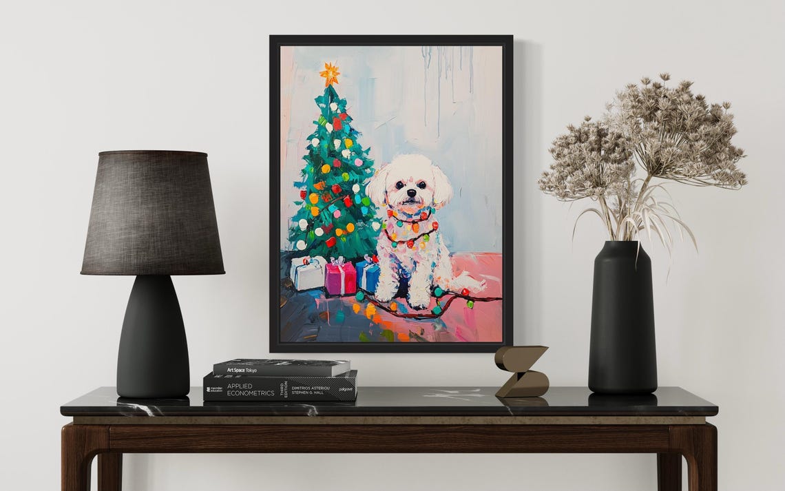 Bichon Frise Puppy Wrapped in Christmas Lights by Holiday Tree Poster - Image 3