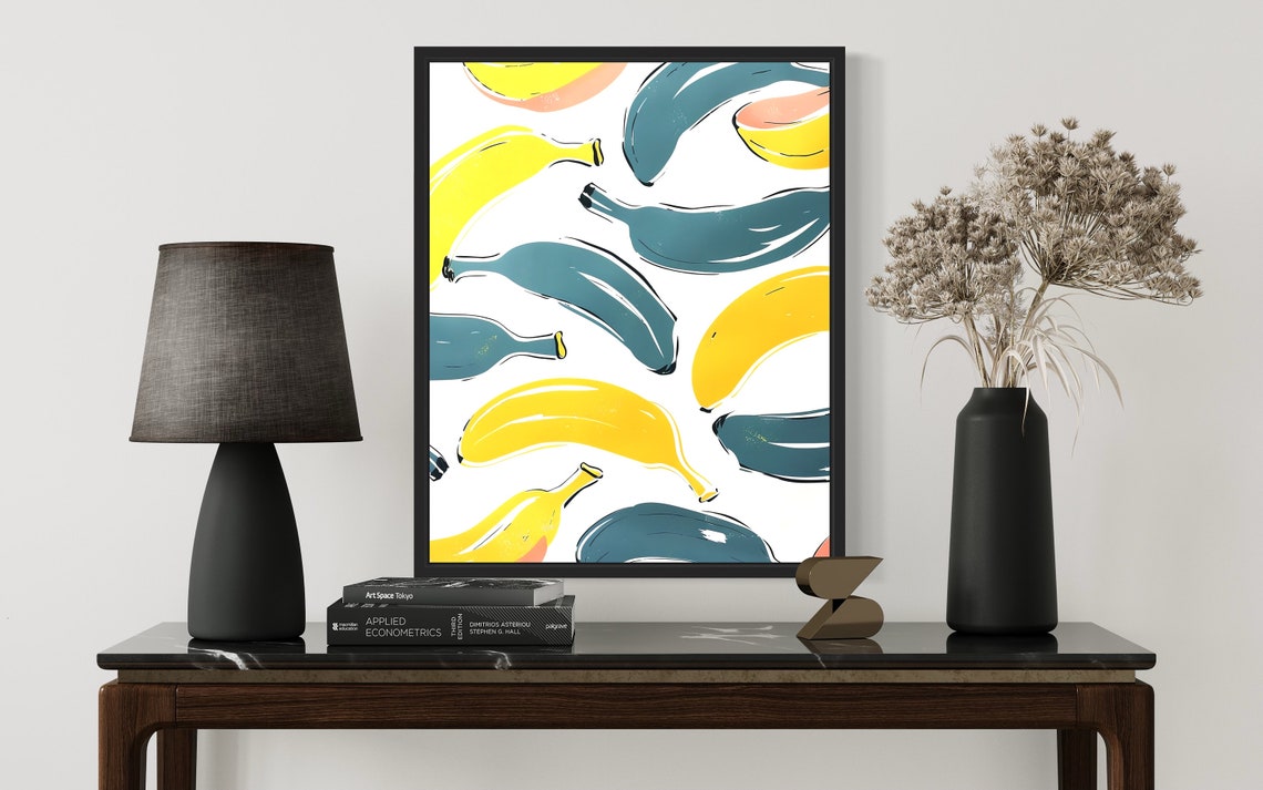 Banana Pattern Yellow Teal Modern Fruit Illustration Art Poster - Image 2
