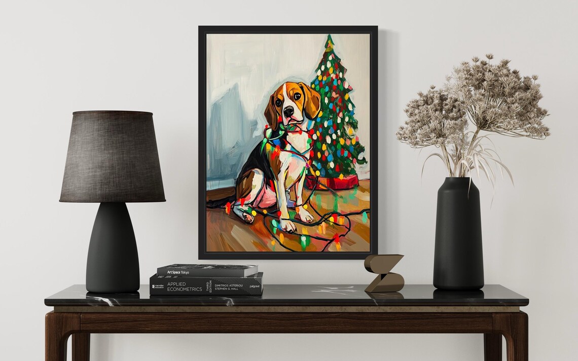 Beagle Puppy Tangled in Bright Christmas Lights Holiday Tree Poster - Image 2