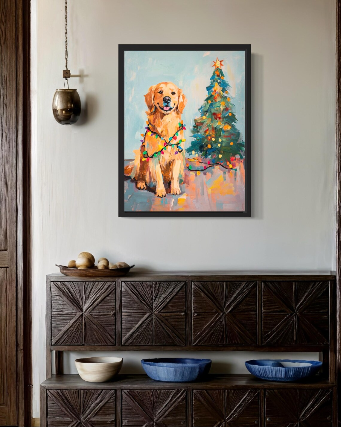 Golden Retriever Dog in Christmas Lights Art Print - Image 2