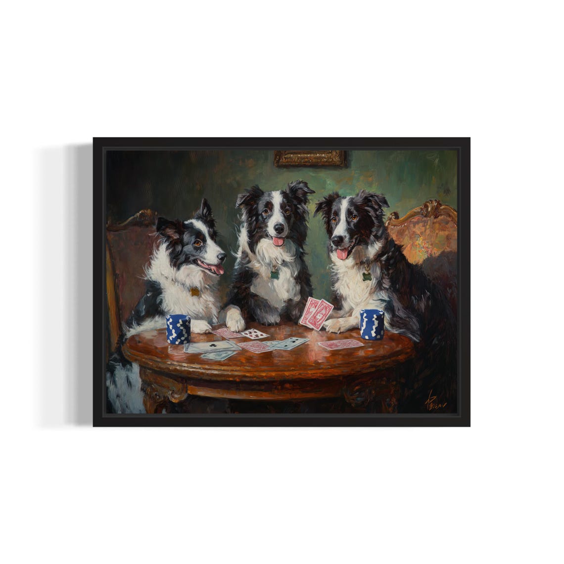 Three Border Collie Dogs Playing Poker Card Game Artwork Poster