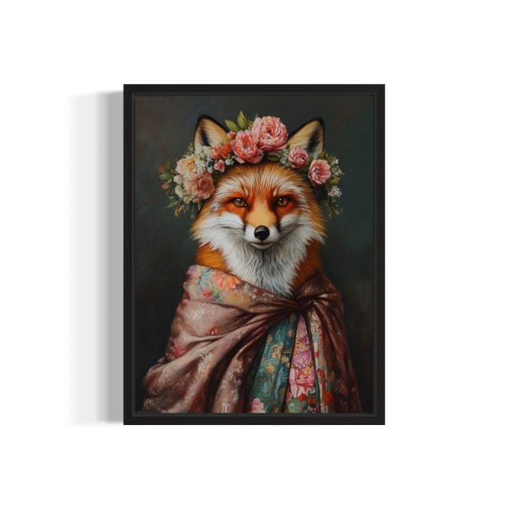 Fox Poster Art Print Animal Flowers In Kimono Wall Art Decor Painting Artwork