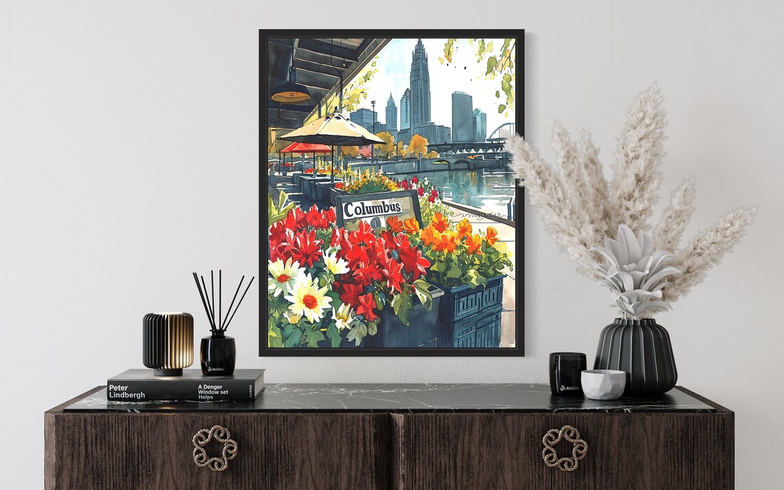 Columbus Flower Market Watercolor Poster Autumn Riverside Scene - Image 2