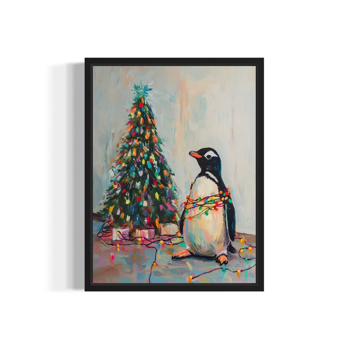 Penguin Tangled In Christmas Lights Art Print