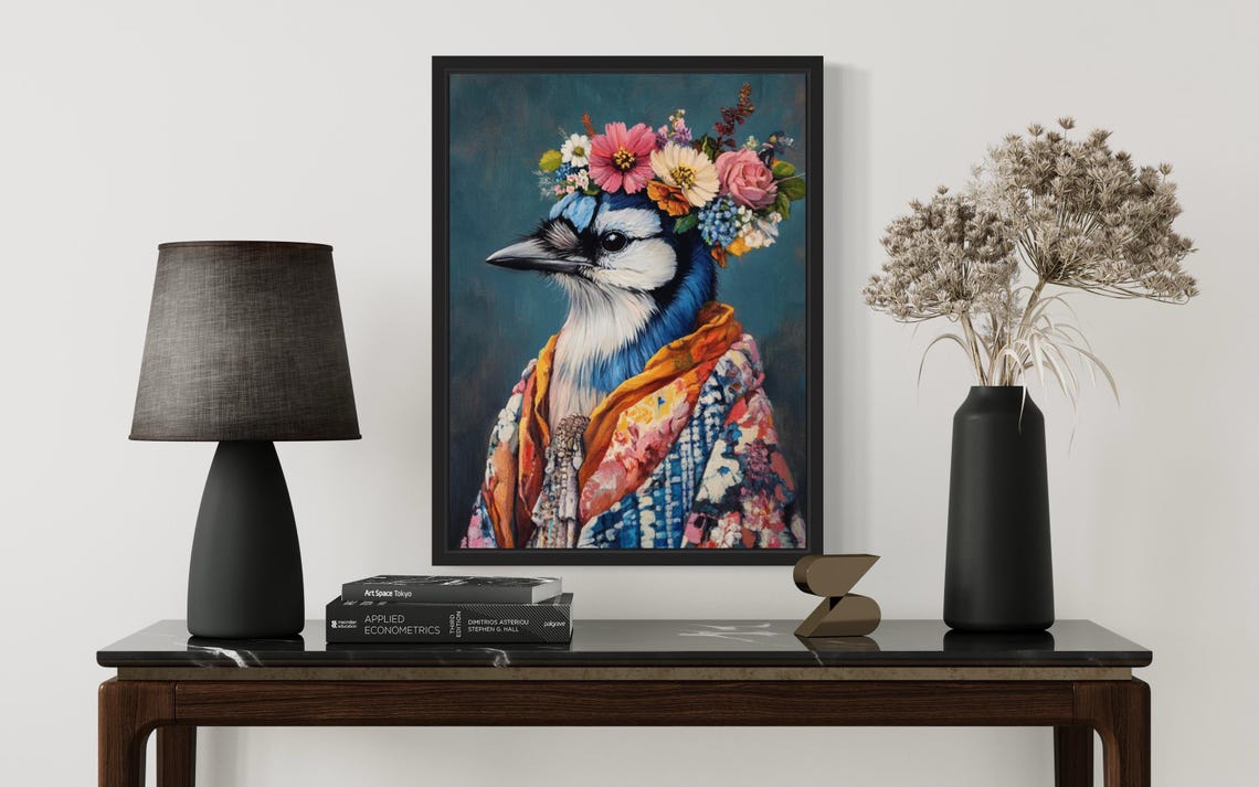 Blue Jay Flower Crown Kimono Portrait Japanese Style Bird Poster