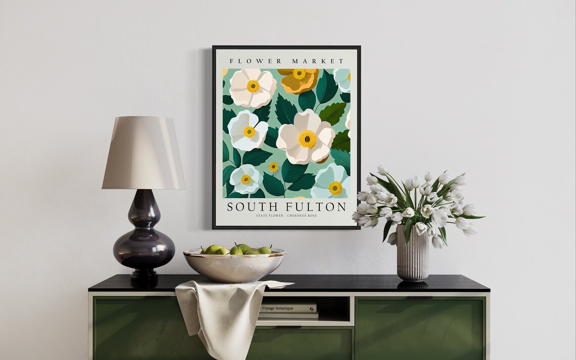 South Fulton Georgia Flower Market Art Print South Fulton City Poster Cherokee Rose Wall Art Botanical Pastel Artwork - Image 3
