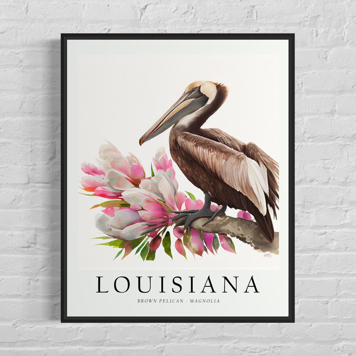 Louisiana Brown Pelican Magnolia Blossom Bird Watercolor Poster
