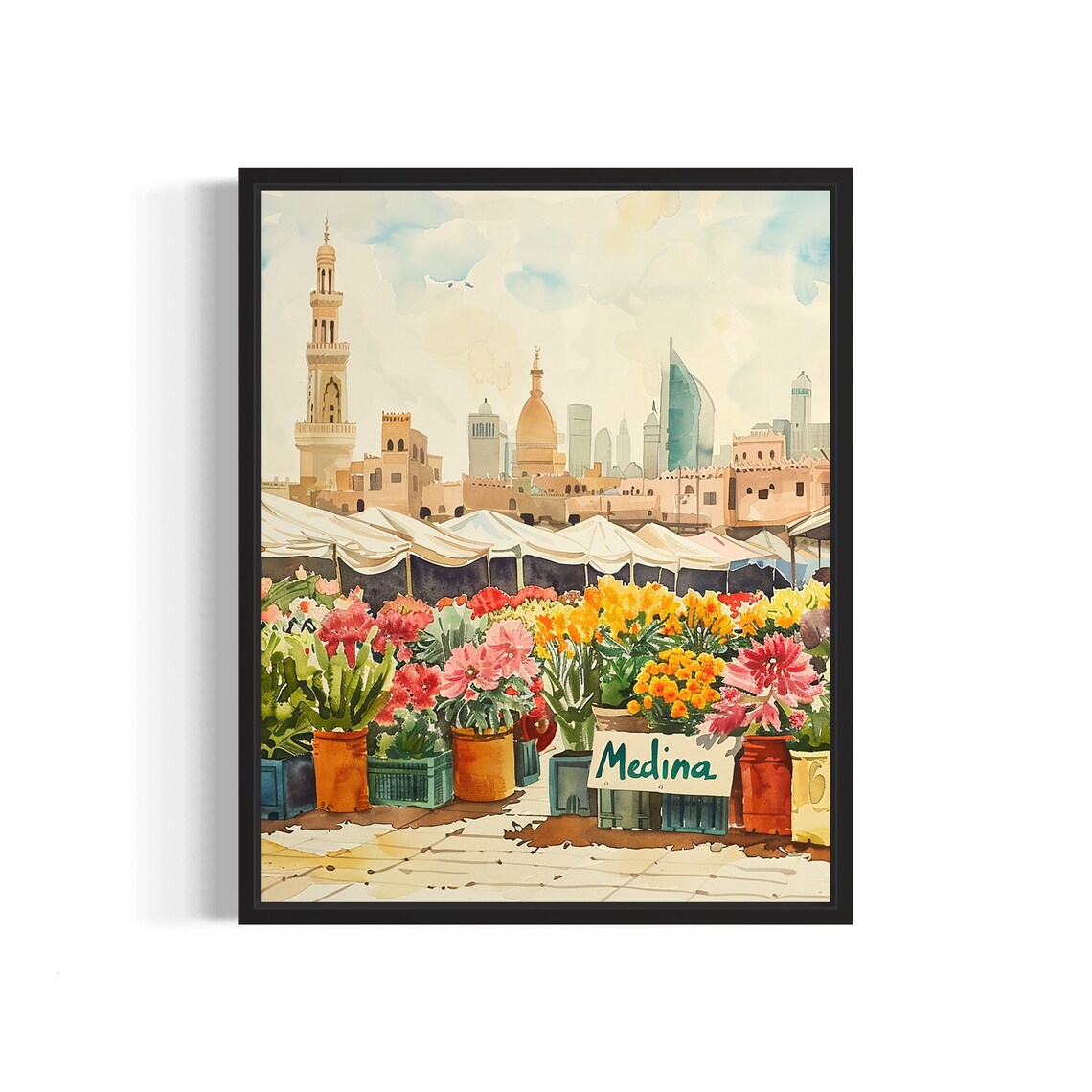 Medina Flower Market Watercolor Poster Minaret Old Town Scene