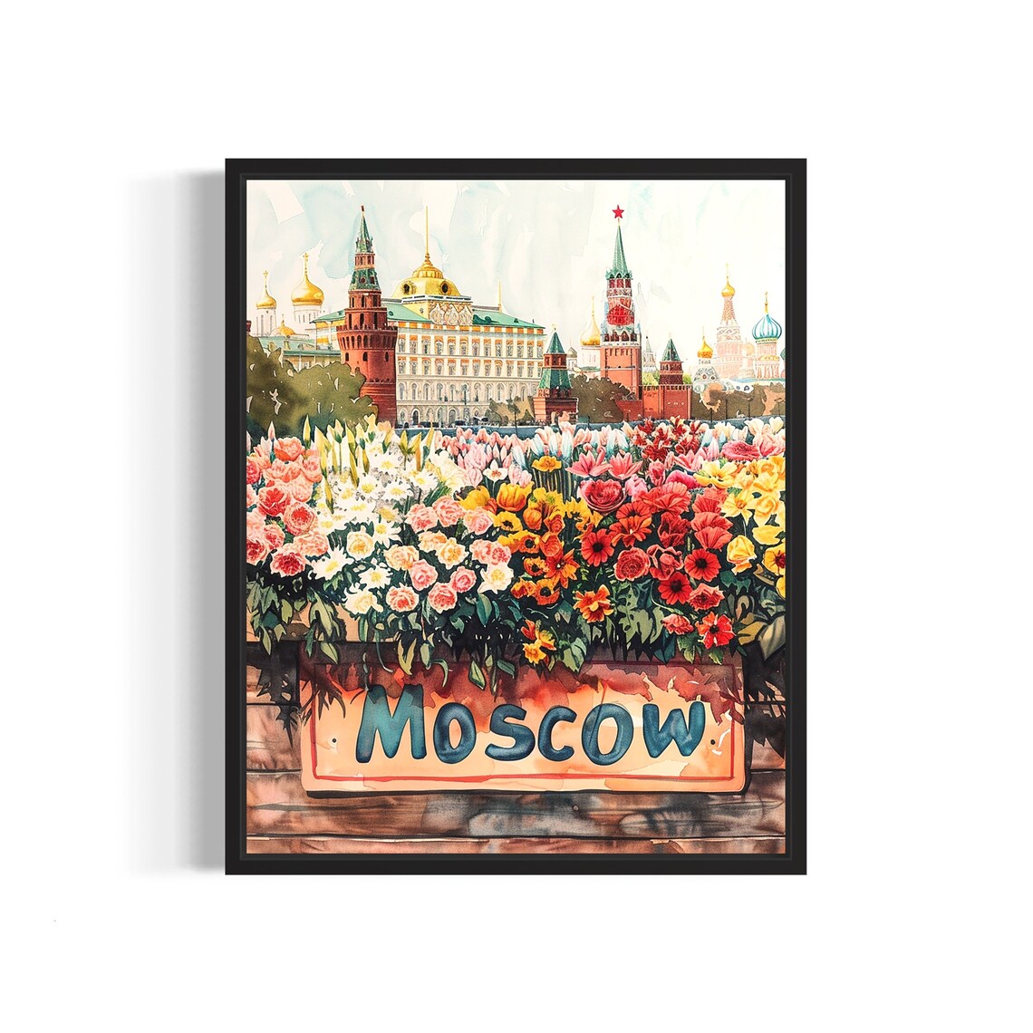 Moscow Flower Market Watercolor Poster Kremlin Cathedral Blooms
