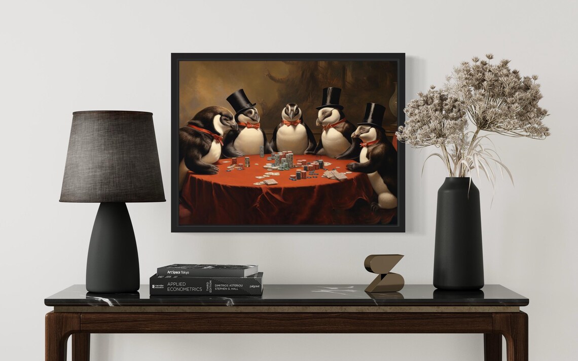 Penguins Playing Cards Humor Animal Art Print - Image 2