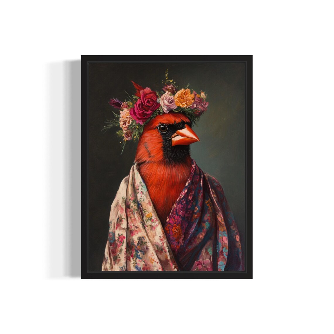 Red Cardinal Songbird Flower Crown Floral Kimono Portrait Art Print