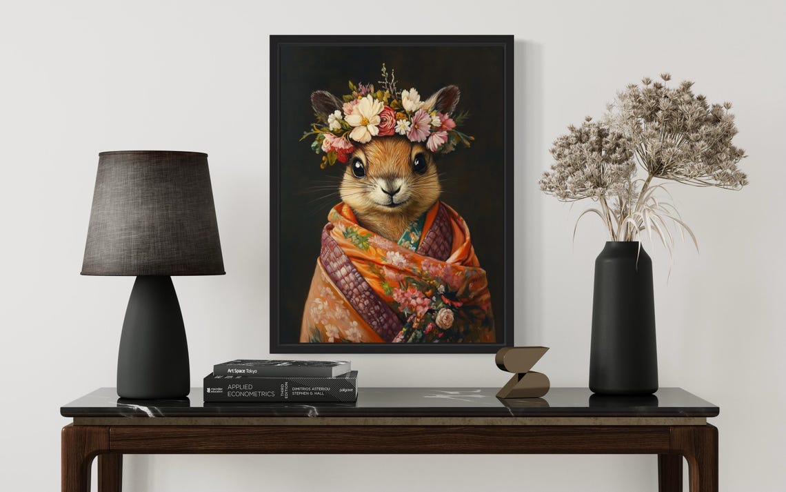 Squirrel With Flower Crown In Orange Floral Kimono Wildlife Art Print - Image 2