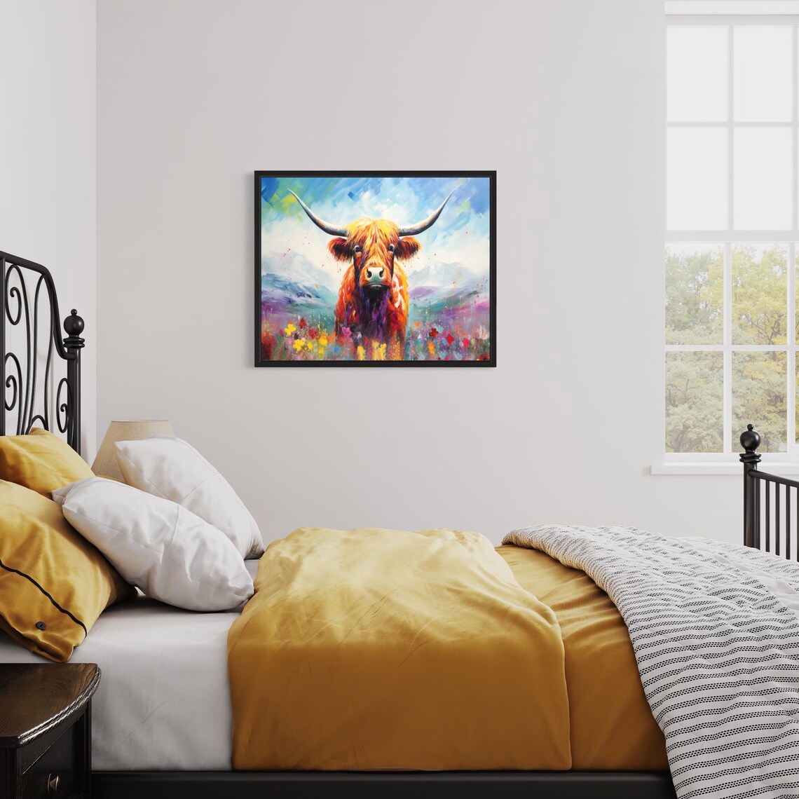 Colorful Highland Cow Portrait Wildflower Meadow Painting Poster - Image 2