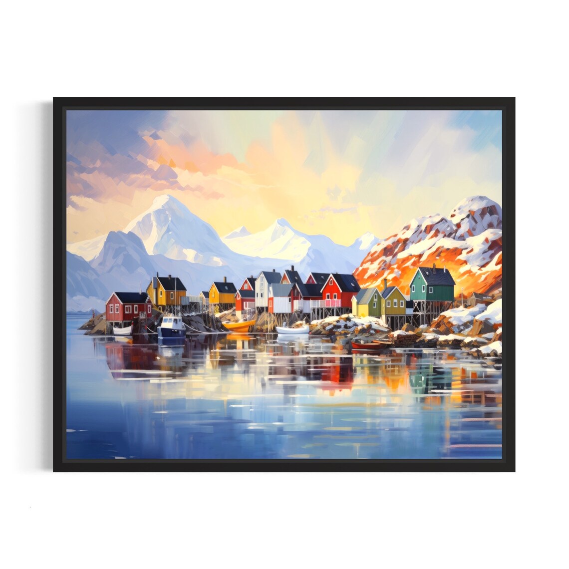 Arctic Fishing Village Colorful Cabins Fjord Painting Poster