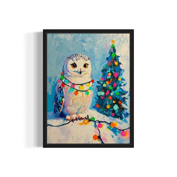 Snowy Owl in Winter Snow with Bright Christmas Lights Holiday Poster