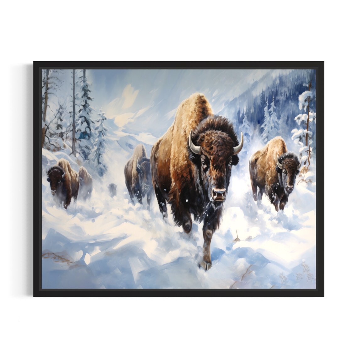 Bison Herd Charging Through Deep Snow Mountain Painting Poster