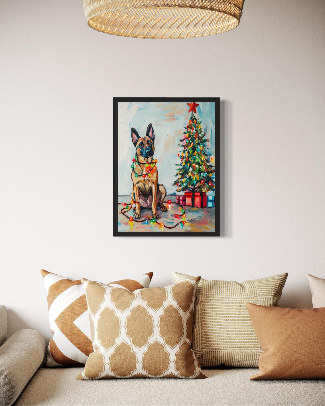 Belgian Malinois Dog Tangled In Christmas Lights Art Print - Image 3