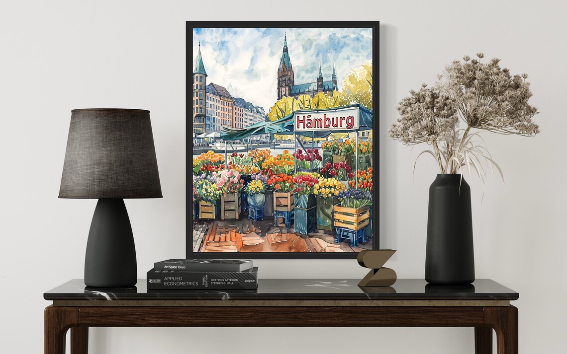 Hamburg Flower Market Watercolor Poster Harbor Church Towers View - Image 2