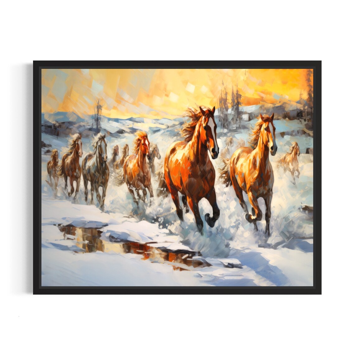 Wild Horses Galloping Through Snow at Sunset Painting Poster