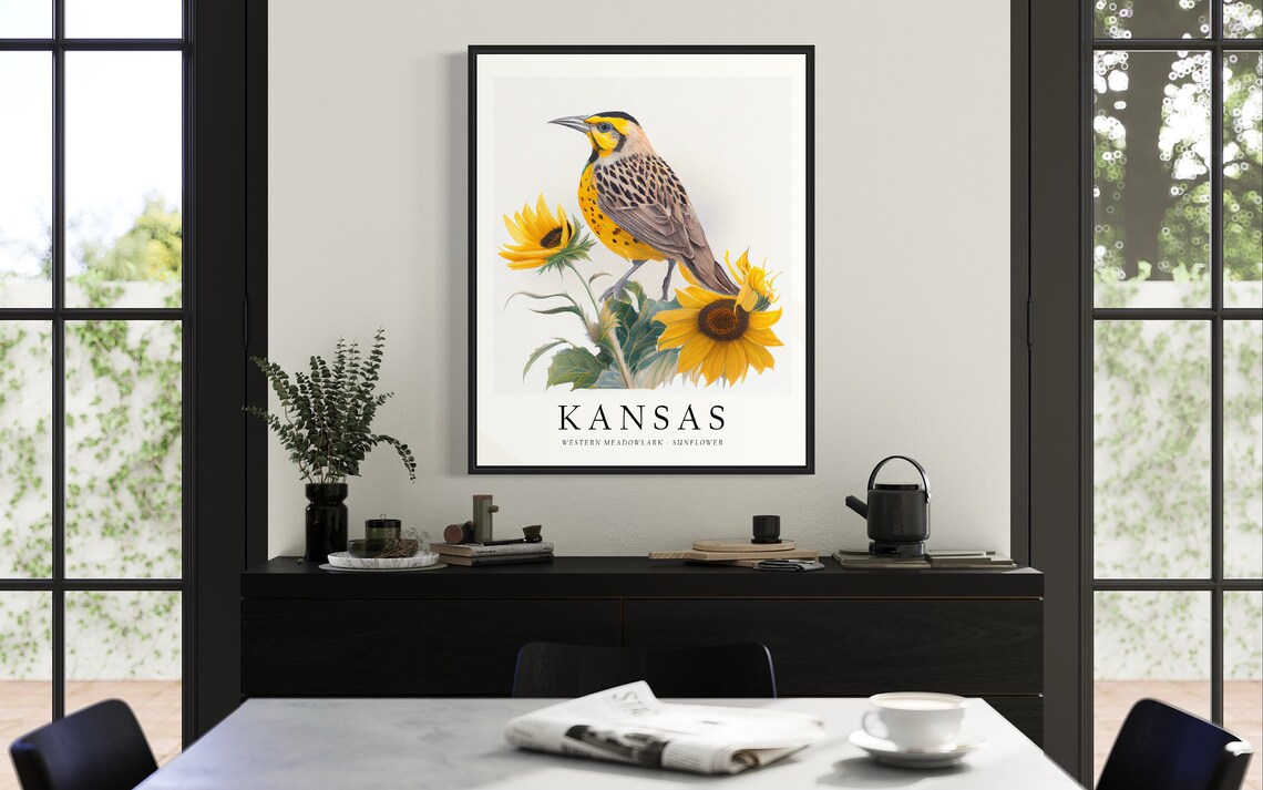 Kansas State Bird Art Print, State Flower Wall Art - Image 3