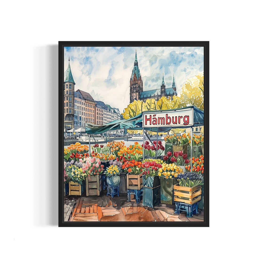 Hamburg Flower Market Watercolor Poster Harbor Church Towers View