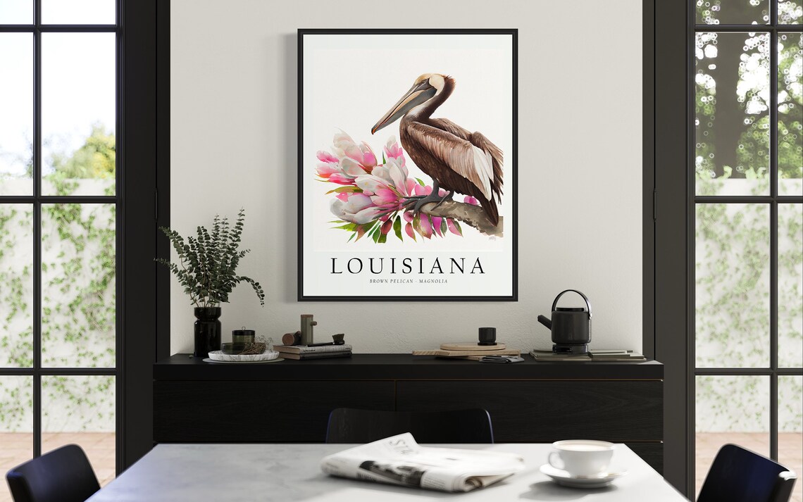 Louisiana Brown Pelican Magnolia Blossom Bird Watercolor Poster - Image 3