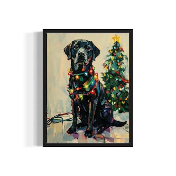 Black Labrador Retriever Dog with Bright Christmas Lights Poster