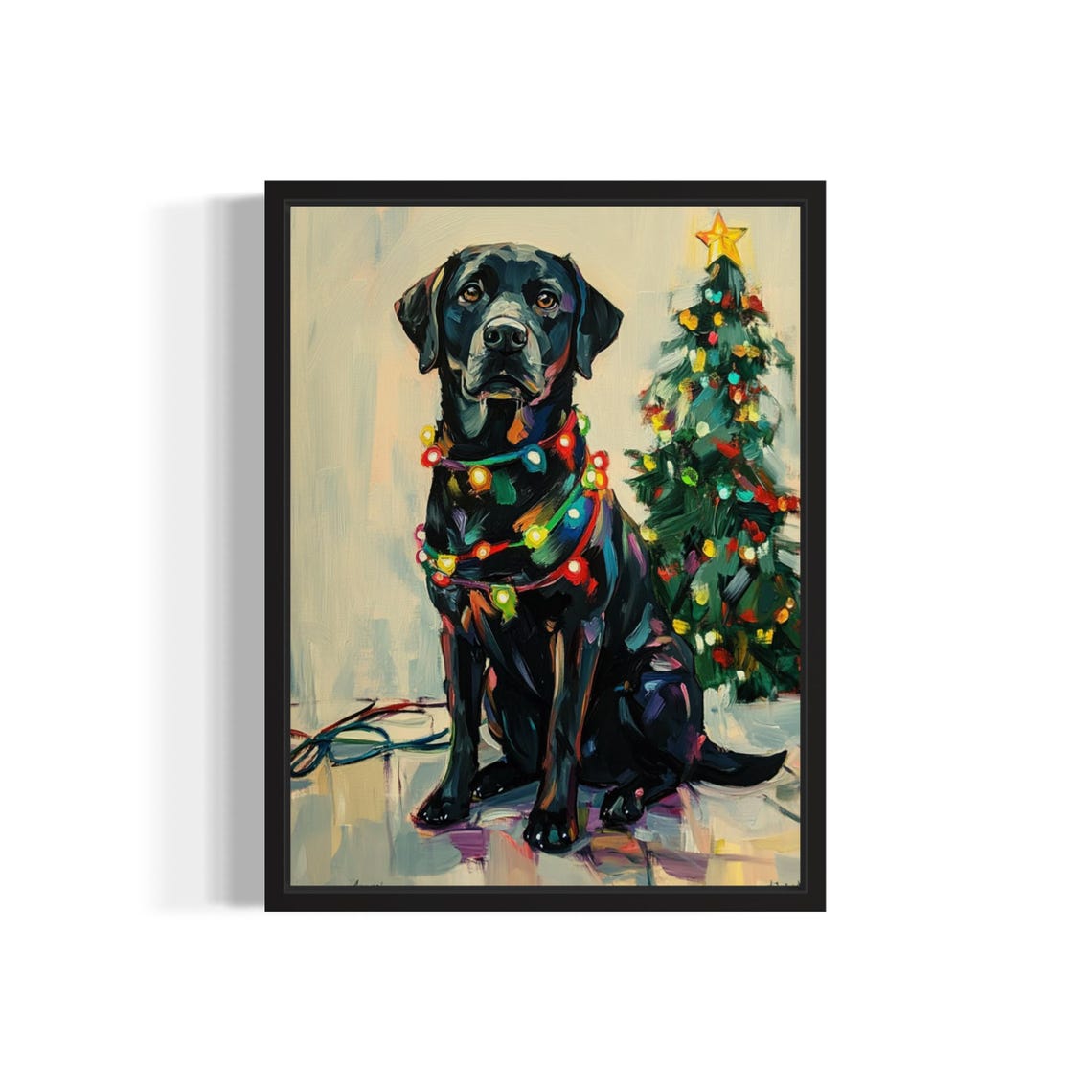 Black Labrador Retriever Dog with Bright Christmas Lights Poster