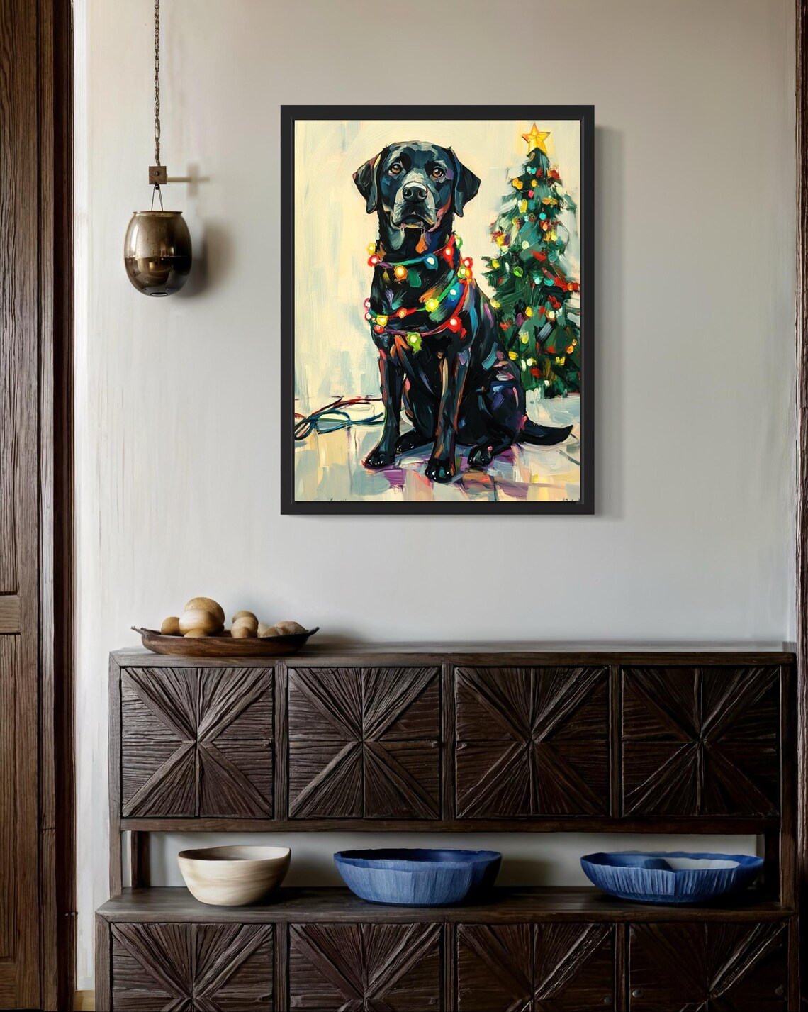 Black Labrador Retriever Dog with Bright Christmas Lights Poster - Image 2