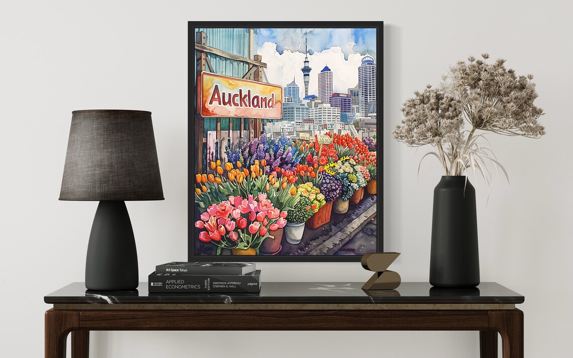 Auckland Flower Market Watercolor Poster Sky Tower Skyline Tulips - Image 2