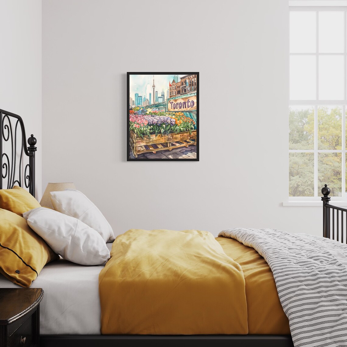 Toronto Flower Market Watercolor Poster Tulip Stall City Tower Skyline - Image 3
