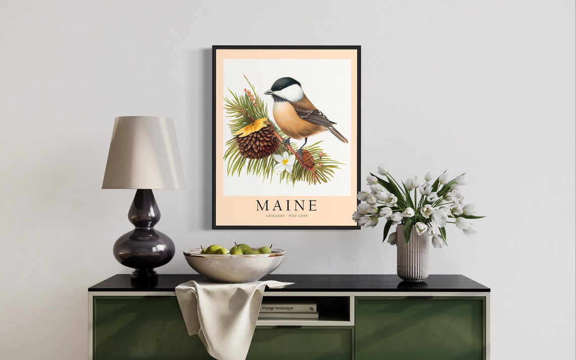 Maine Chickadee Pine Cone Winter Bird Watercolor Print Artwork - Image 2