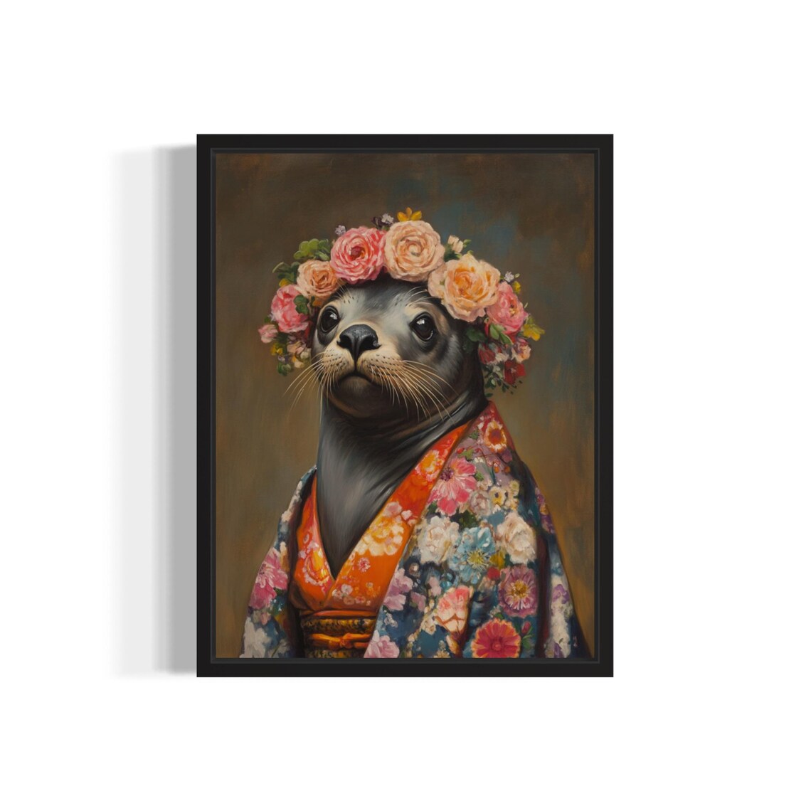 Sea Lion Wearing Floral Kimono and Flower Crown Portrait Poster