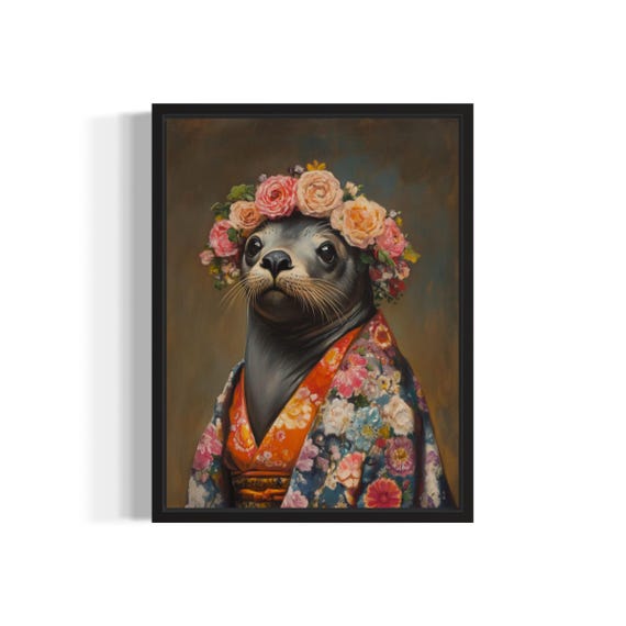 Sea Lion Poster Art Print Animal Flowers In Kimono Wall Art Decor Painting Artwork Bedroom Decor