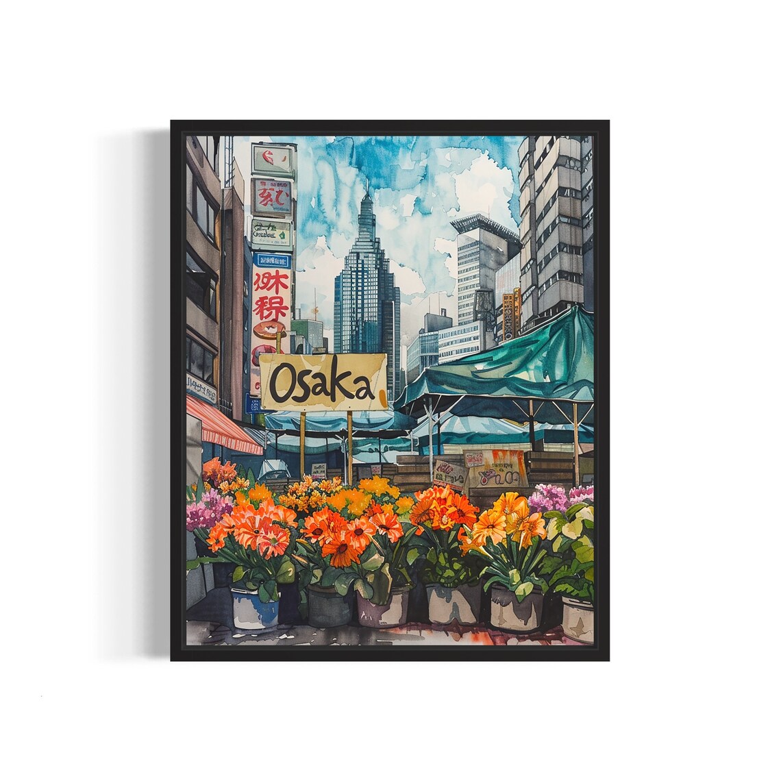 Osaka Japan Bright Street Watercolor Flower Market Scene Poster