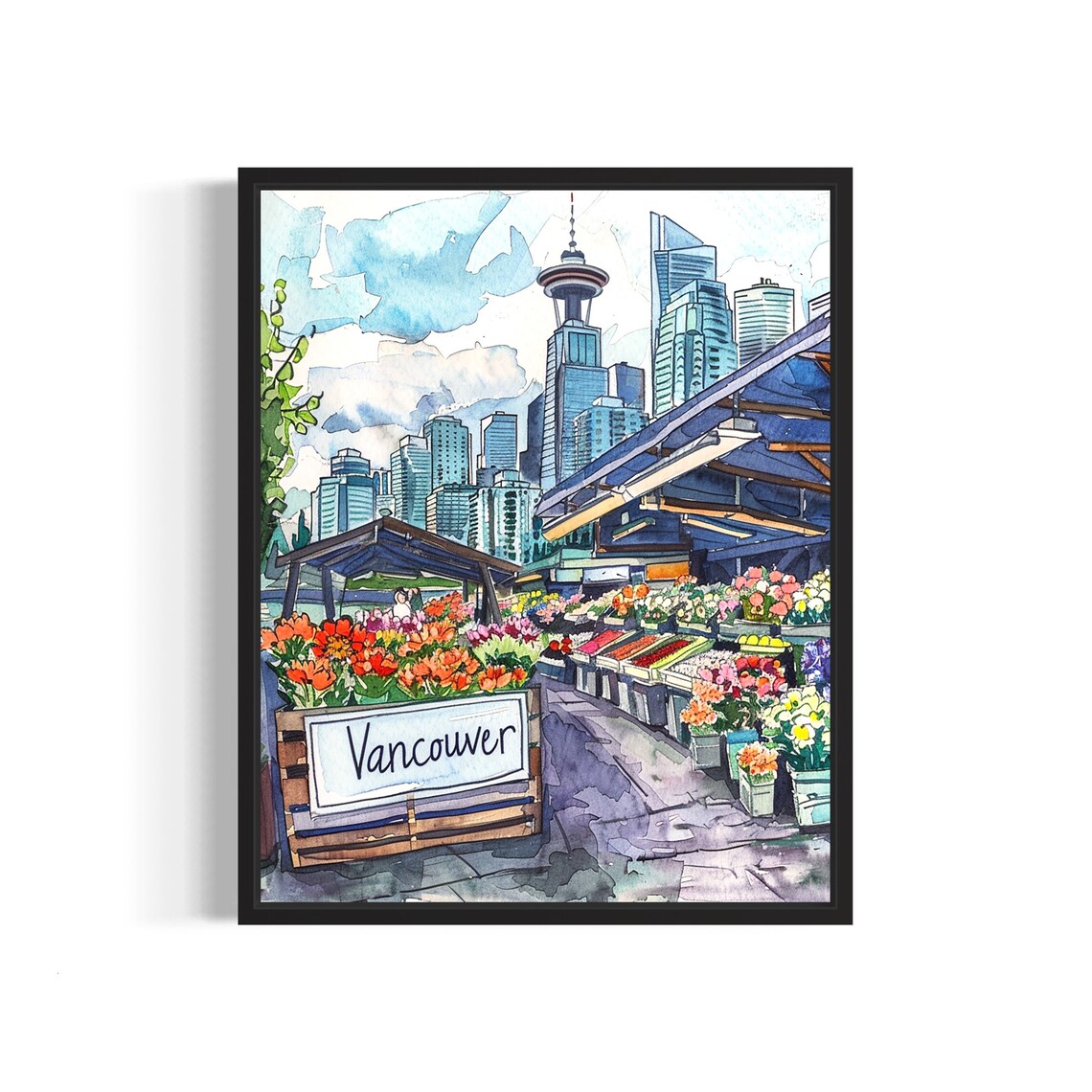 Vancouver Canada Flower Market Watercolor Downtown Skyline Poster