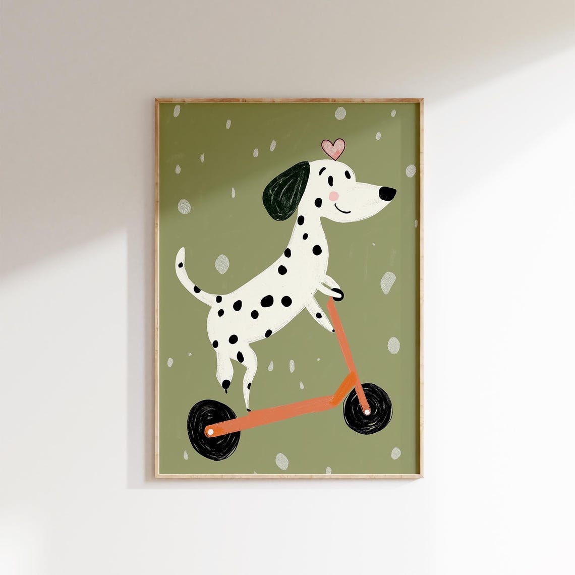 Dalmatian Dog Riding Orange Scooter Happy Kids Room Art Poster