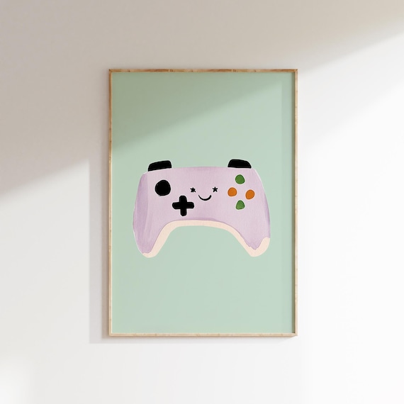 Smiling Purple Game Controller Cute Kids Gaming Room Wall Poster