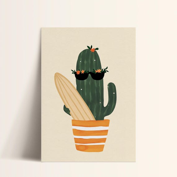 Surfing Cactus Wall Art Tropical Kids Room Decor Playful Beach Art Cactus Nursery Poster Whimsical Wall Art Kids Tropical Art